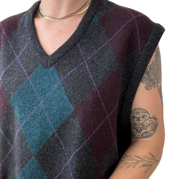 Vintage 1970s LL Bean Mens Lambswool Argyle Preppy Scottish Sweater Vest Sz L - Picture 5 of 9